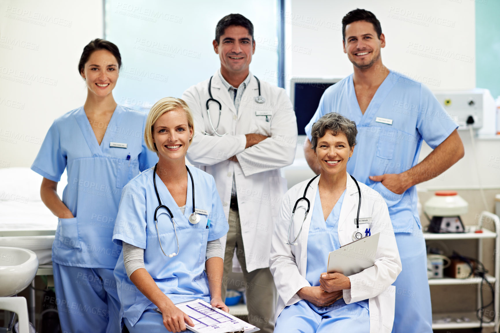 Buy stock photo Portrait of successful team of doctors in a hospital