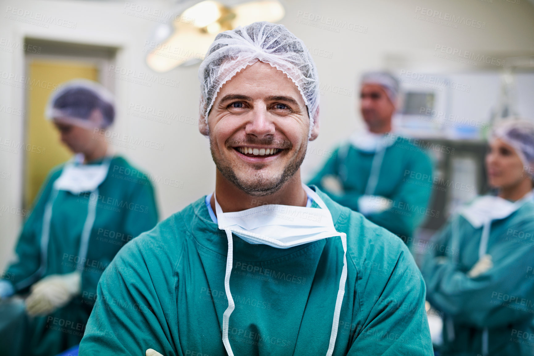 Buy stock photo Group, surgeon and smile with portrait of man in ICU for surgery, healthcare or procedure. Happy medical professional, confident doctor and leadership for theatre, emergency care and hospital