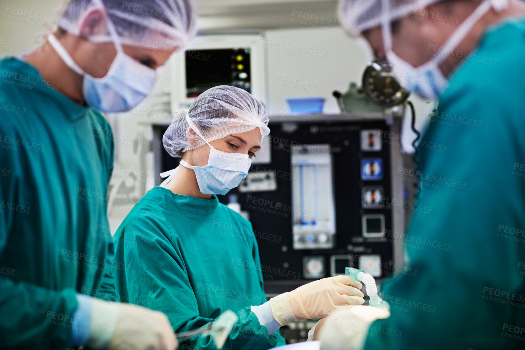 Buy stock photo Hospital, operation and doctors with anesthesia for patient in surgery, medical procedure and treatment. Healthcare, mask and surgeons in operating room for sedation, safety and medicare service
