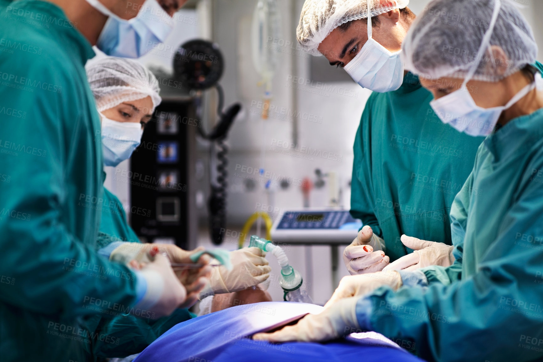 Buy stock photo Medical, man and doctors in theater for operation, transplant emergency and organ rejection. PPE, surgeons and ventilation for live saving surgery, graft failure and patient care in urgent procedure