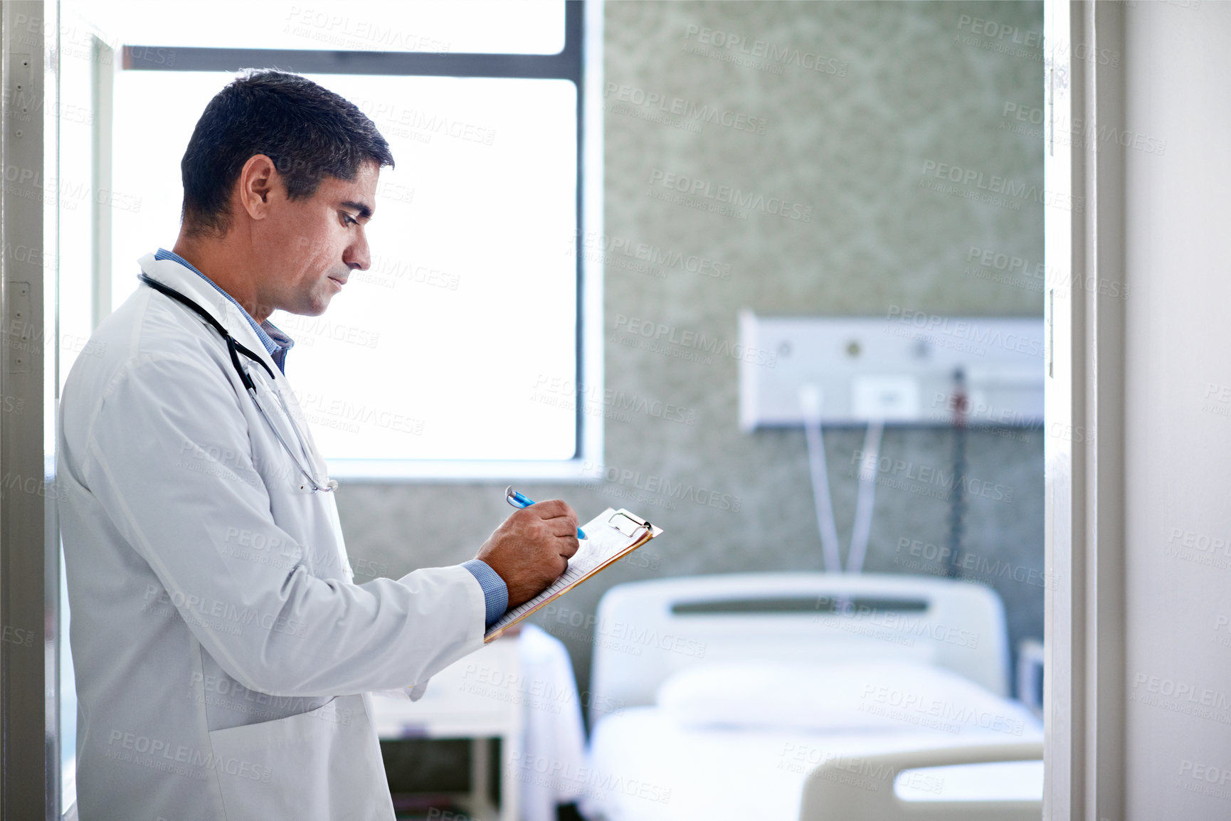 Buy stock photo Hospital, doctor or writing on medical checklist for discharge records, care coordination or notes. Health worker, serious man and clipboard for ward round, admission information and clinic workflow