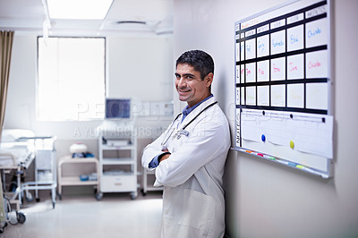 Buy stock photo Portrait of a confident mature doctor standing in a hospital