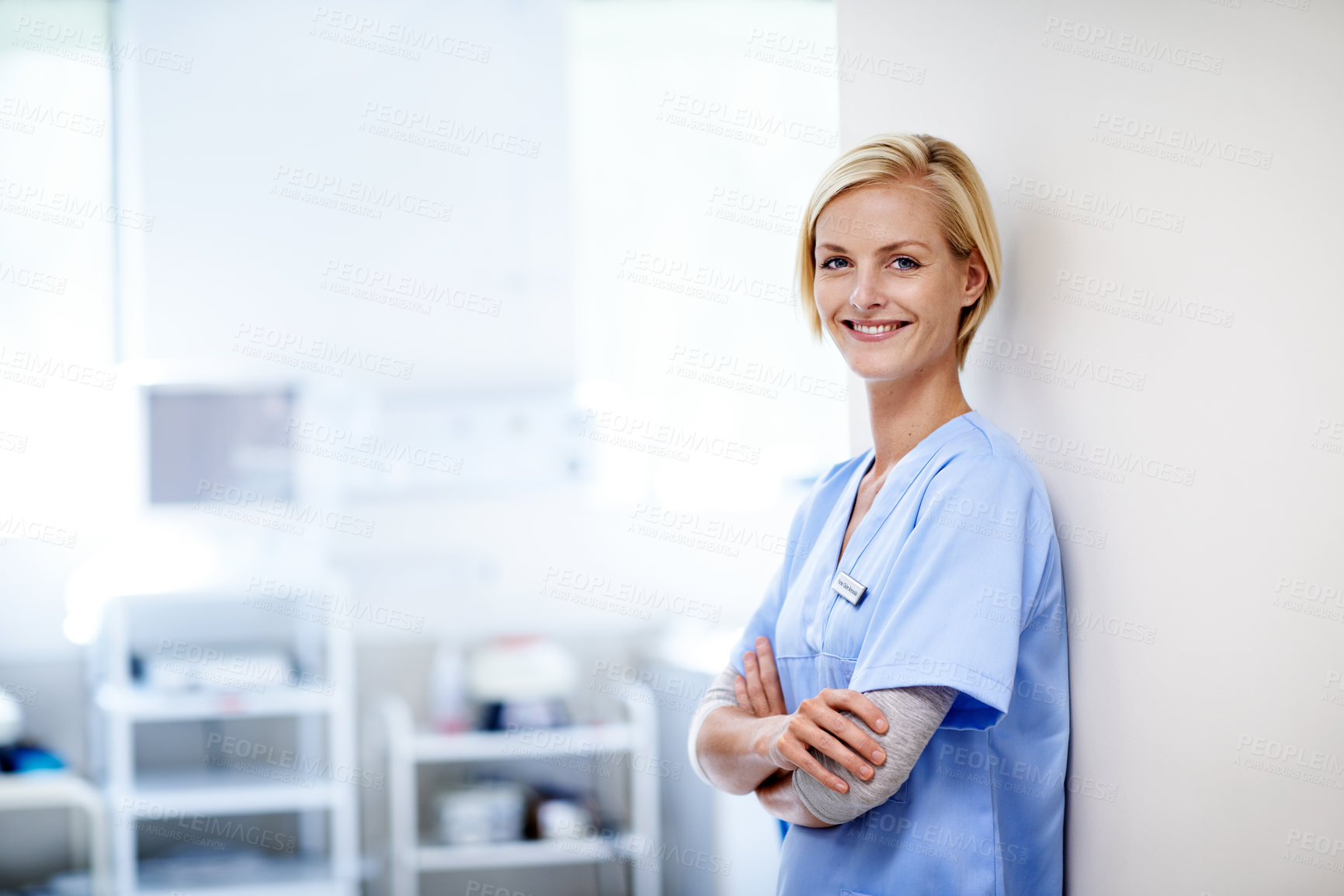 Buy stock photo Arms crossed, nurse and portrait of woman in hospital for medical advice, physician consultant and about us. Happy, healthcare employee and pride with person in clinic for space and opportunity