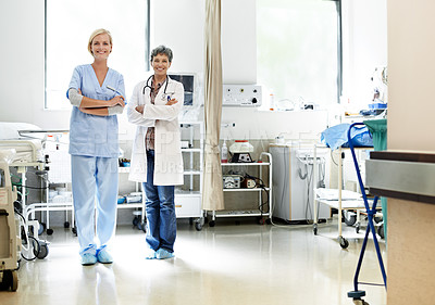 Buy stock photo Portrait of two confident doctors standing together in a hospital
