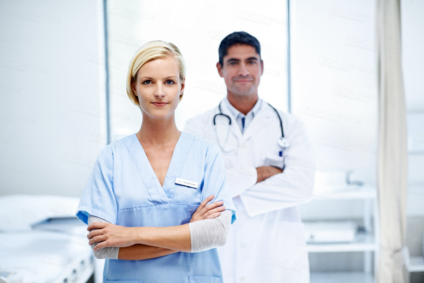 Buy stock photo Medical team, portrait and people with arms crossed in clinic, healthcare or pride for career growth. Hospital, health professional and colleagues with duty, confident and wellness job in Canada