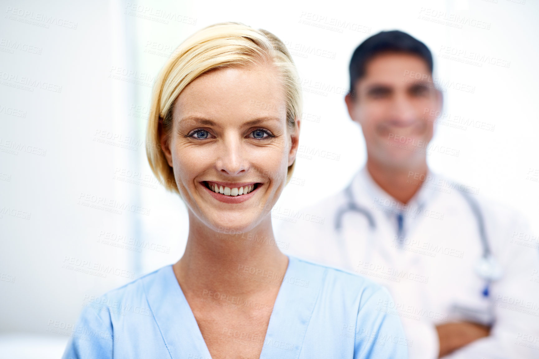 Buy stock photo Nurse, happy woman and colleague in clinic for medical support, primary health or about us pride. Healthcare portrait, staff leader and smile in hospital for patient care, service integrity and trust
