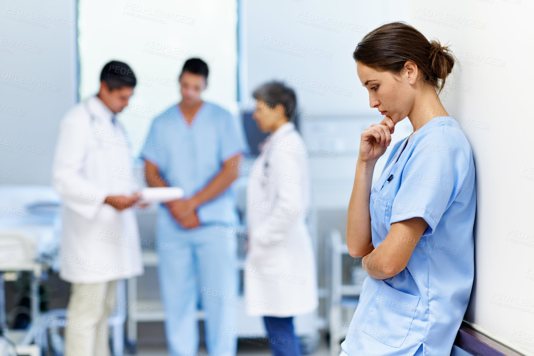 Buy stock photo Woman, nurse and thinking in hospital with stress, fatigue or doubt for bad news or mistake. Mental health, thoughts physician and medical people with anxiety, loss or failed surgery in clinic