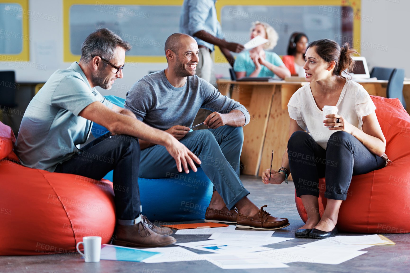 Buy stock photo Planning, documents and team with business people in office for marketing strategy, meeting and research. Target audience campaign, collaboration and paperwork with employees in agency for project