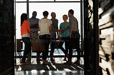 Buy stock photo Full length shot of a business meeting in progress