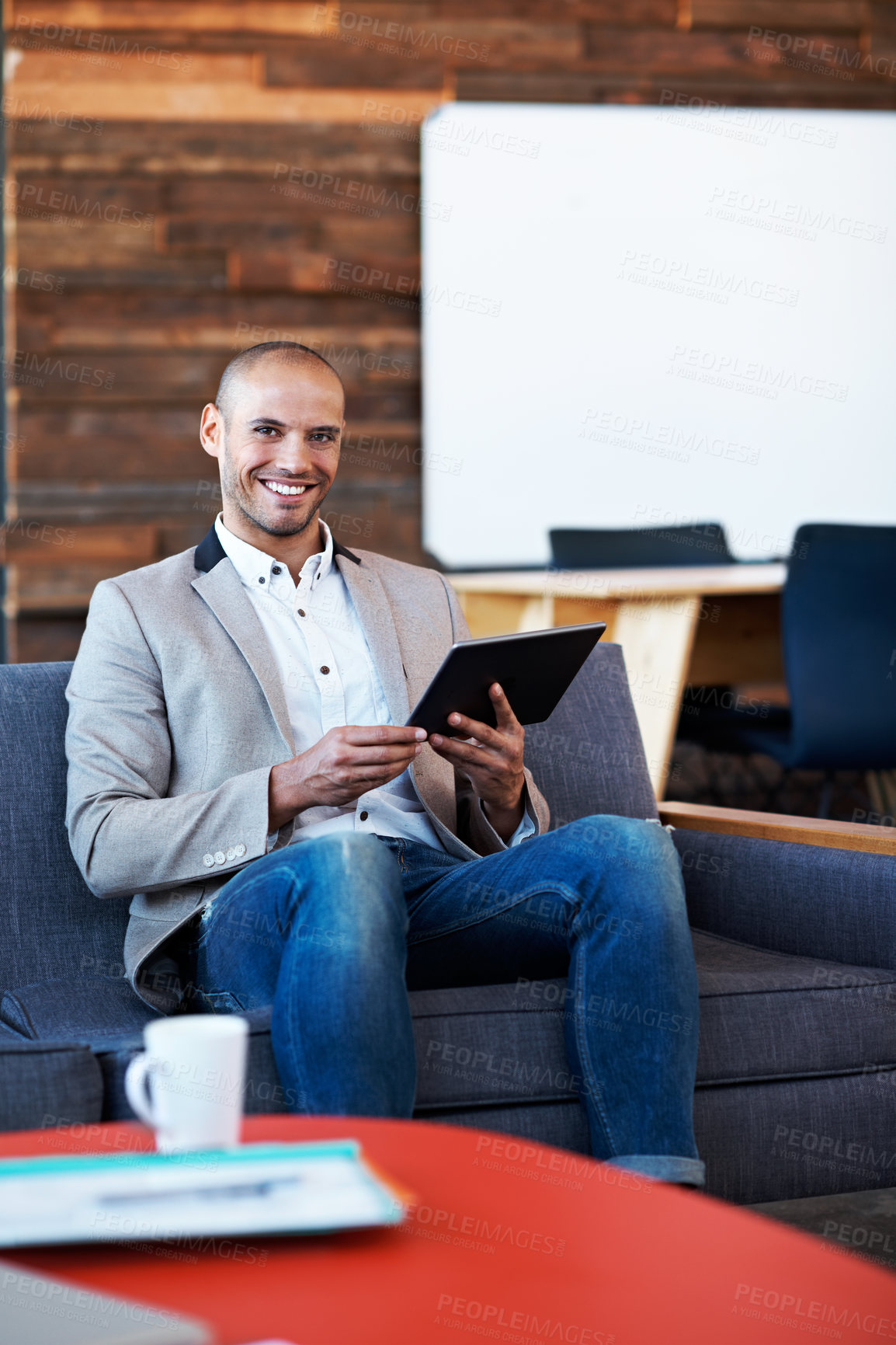 Buy stock photo Portrait, business and man in office with tablet, research and proofreading for story update. Smile, male person and editor in workplace with digital, article headline and copywriting for publication
