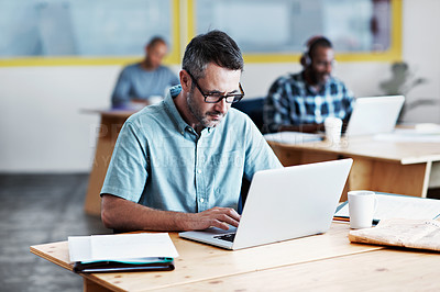 Buy stock photo Cropped shot of three businessmen in an office