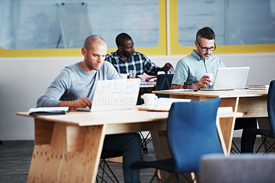 Buy stock photo Cropped shot of three businessmen in an office