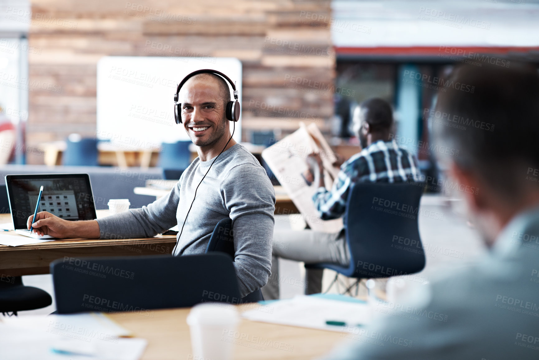 Buy stock photo Portrait, businessman or laptop with headphones in office for audio streaming, vibe or productivity. Happy man, employee or smile on computer in creative agency for sound app or network in workplace