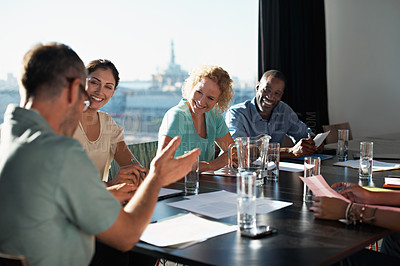 Buy stock photo Cropped shot of a business meeting in progress