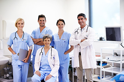 Buy stock photo Portrait of successful team of doctors in a hospital