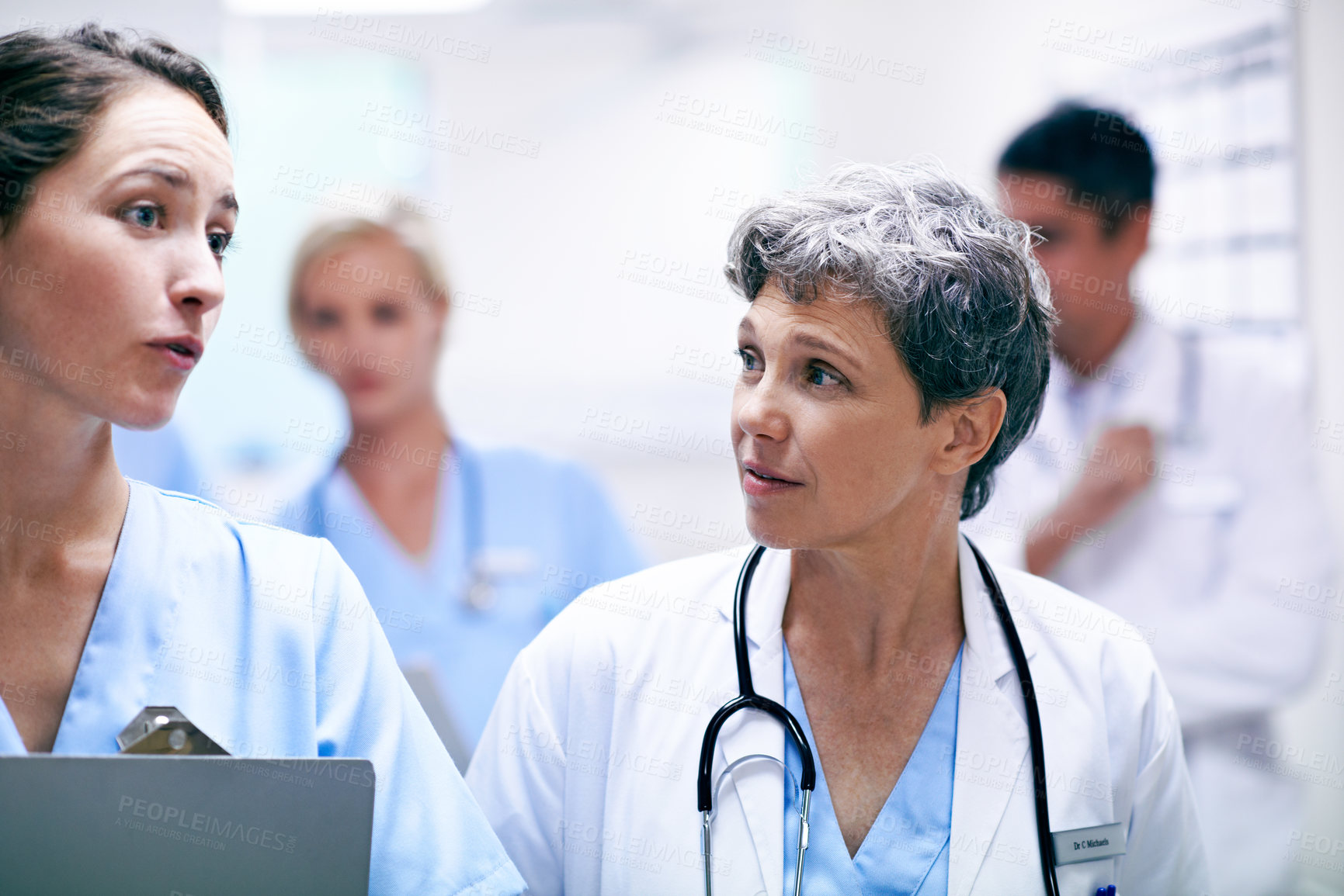 Buy stock photo Mentor, doctor and clipboard with woman in hospital for patient chart, feedback and consulting. Medical advice, collaboration and healthcare report with people for case study on treatment plan