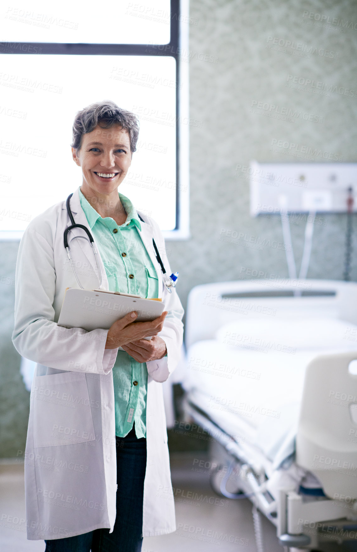 Buy stock photo Doctor, portrait or happy woman with clipboard for medical service or healthcare in hospital. Mature, female person or health worker with smile or trust for help, support or medicare advice in clinic