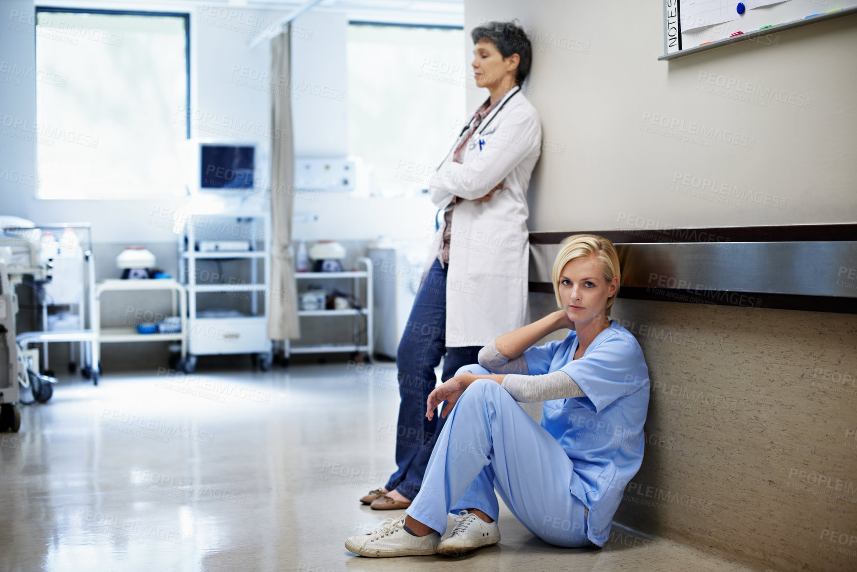 Buy stock photo Women, doctor and frustrated in hospital with grief, fatigue or doubt with bad news mistake. Mental health, sad physician and medical people with anxiety for stress, loss or failed surgery in clinic