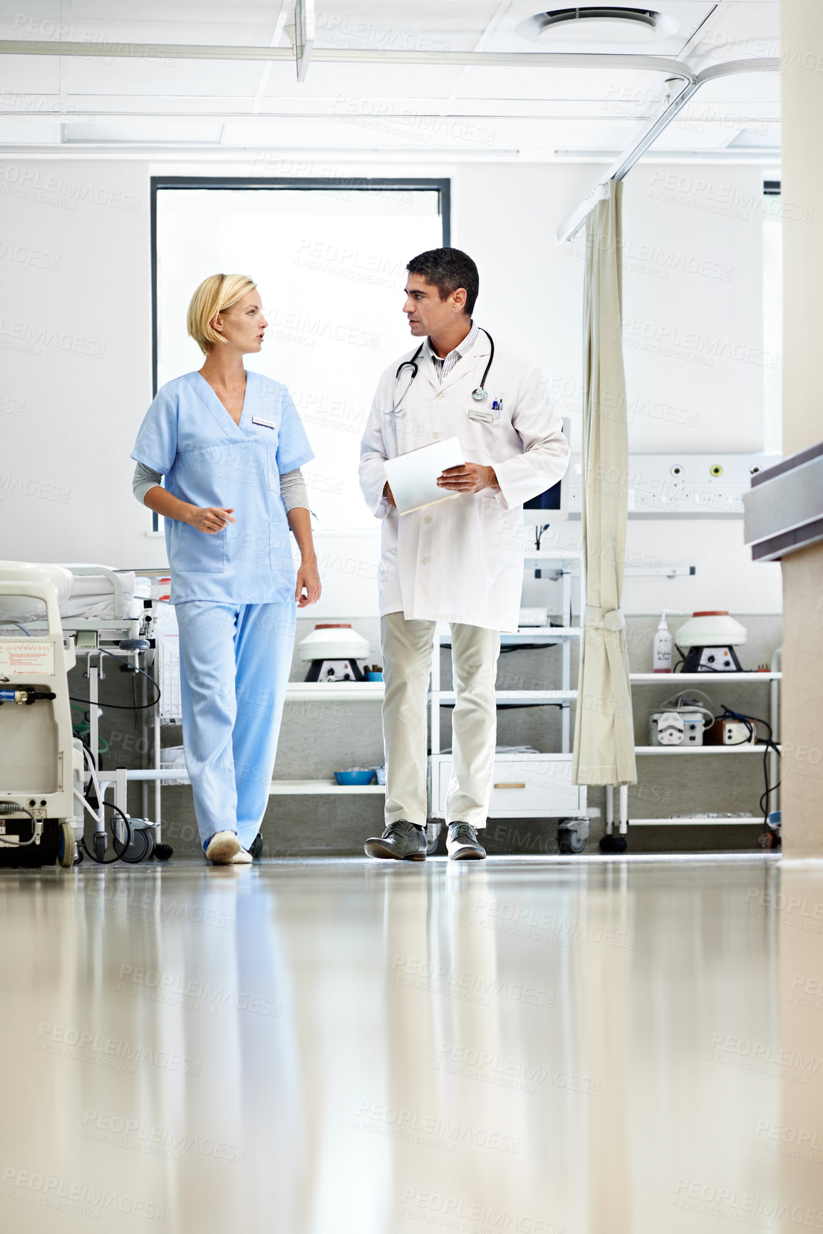 Buy stock photo Doctor, nurse or walk with medical checklist for case discussion, test results or care coordination. Healthcare, people and team with clipboard for ward round, treatment options or hospital workflow