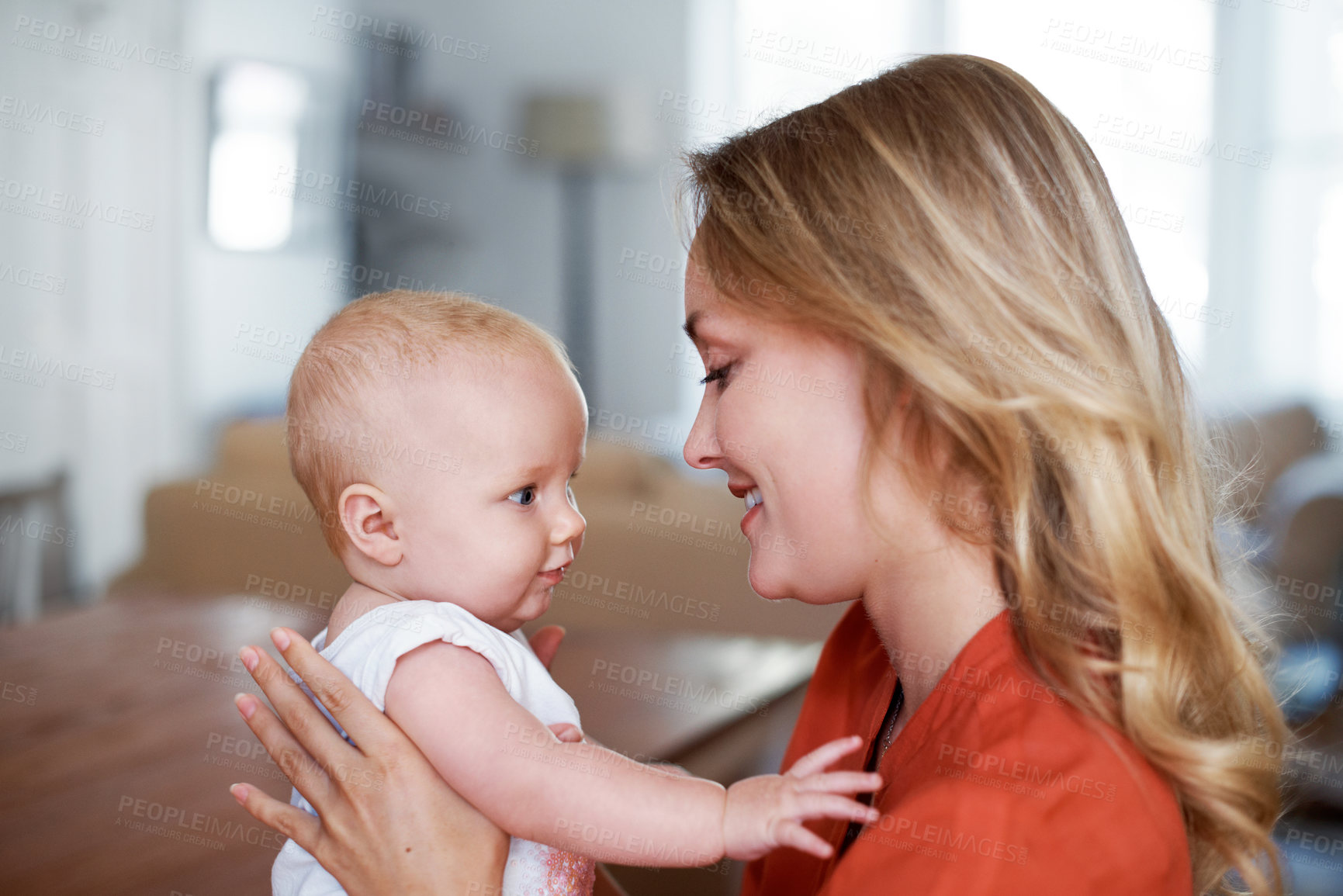 Buy stock photo Family, love and mom with baby in house, childcare and affection for daughter in lounge and bonding. Happy, mother and woman with child, relax and connection with little girl or together in home