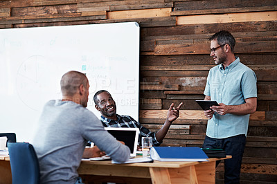 Buy stock photo Cropped shot of three businessmen in an office