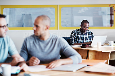 Buy stock photo Cropped shot of three businessmen in an office