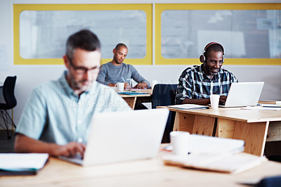 Buy stock photo Cropped shot of three businessmen in an office