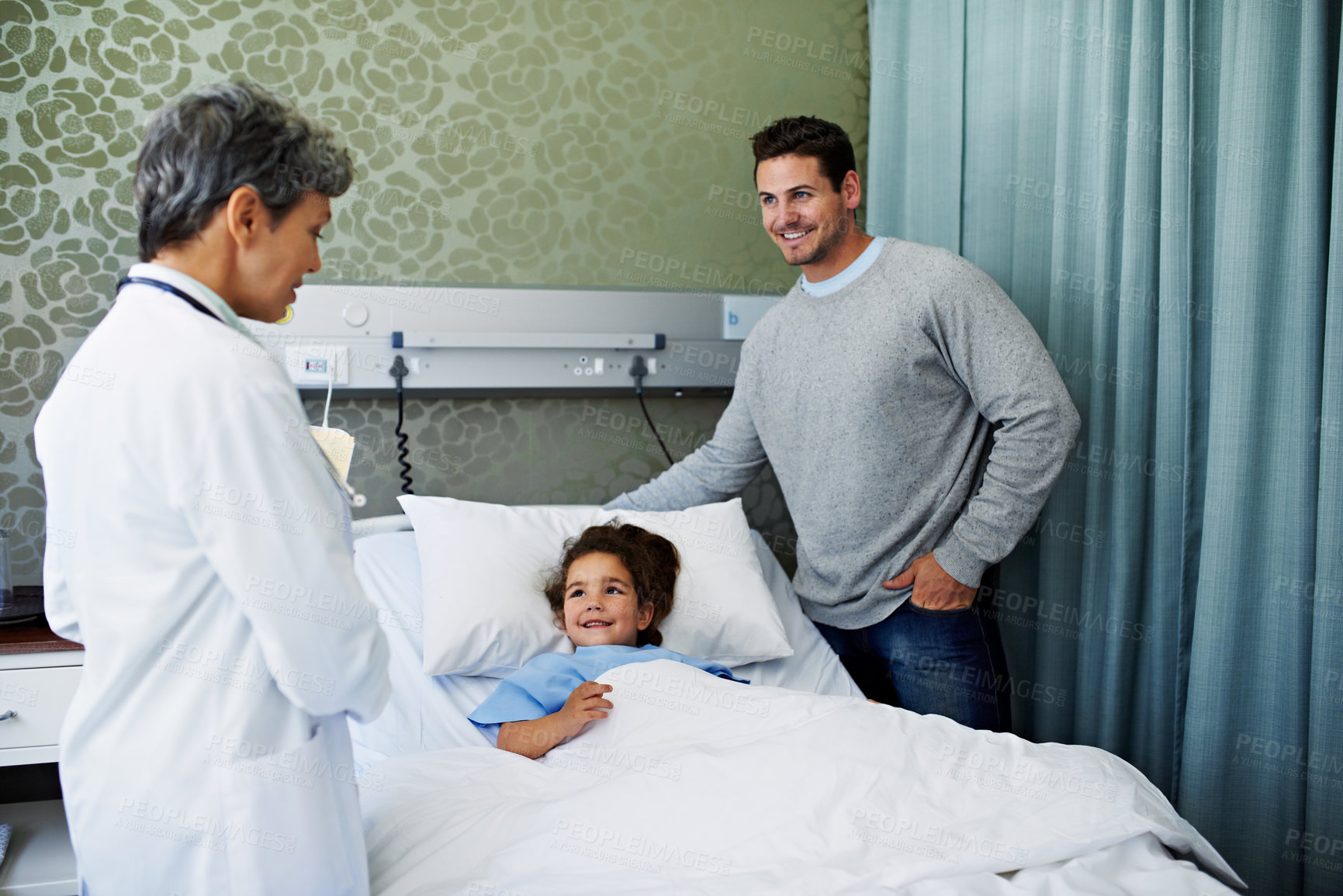 Buy stock photo Father, child and checkup with doctor at hospital, support and feedback on medical recovery in bed. Smile, pediatrician and man in icu ward with daughter, compassion and surgery outcome of healthcare