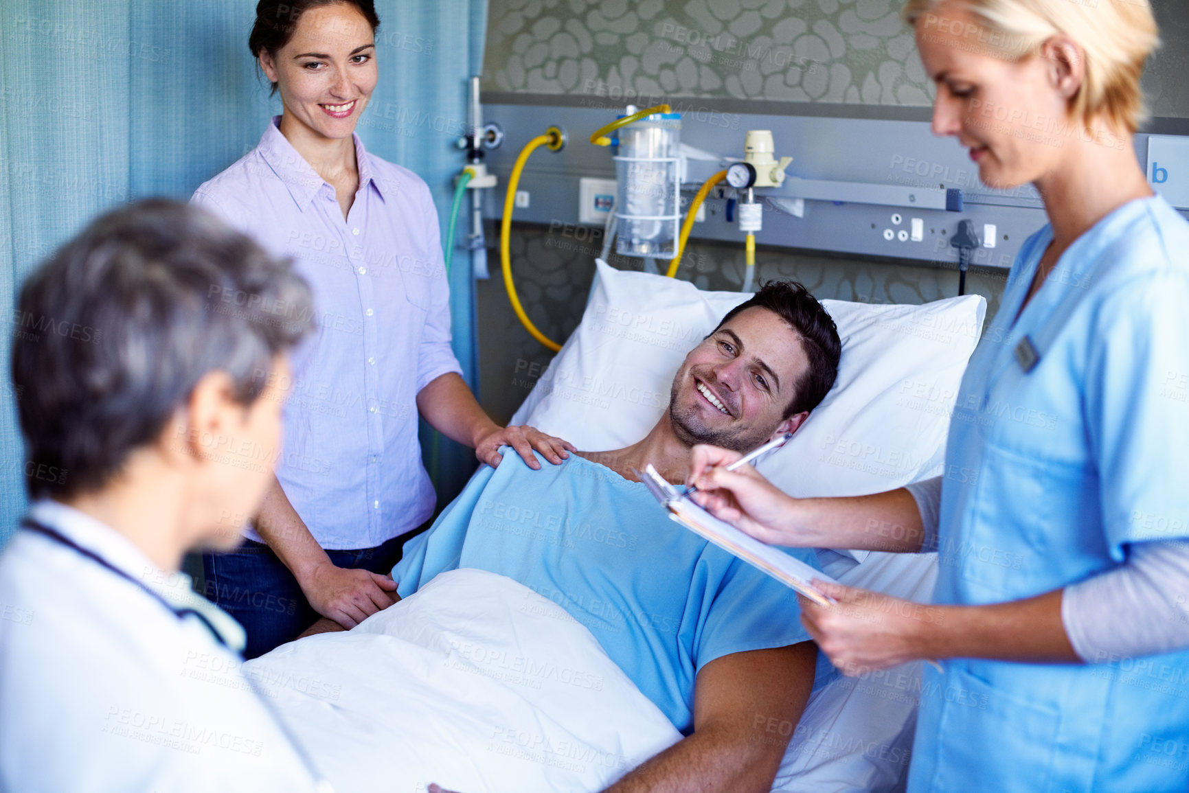 Buy stock photo Doctor, clipboard and smile with patient in hospital for checkup, surgery schedule or evaluation. Medical records, treatment plan and vitals checklist with people in clinic for report and advice