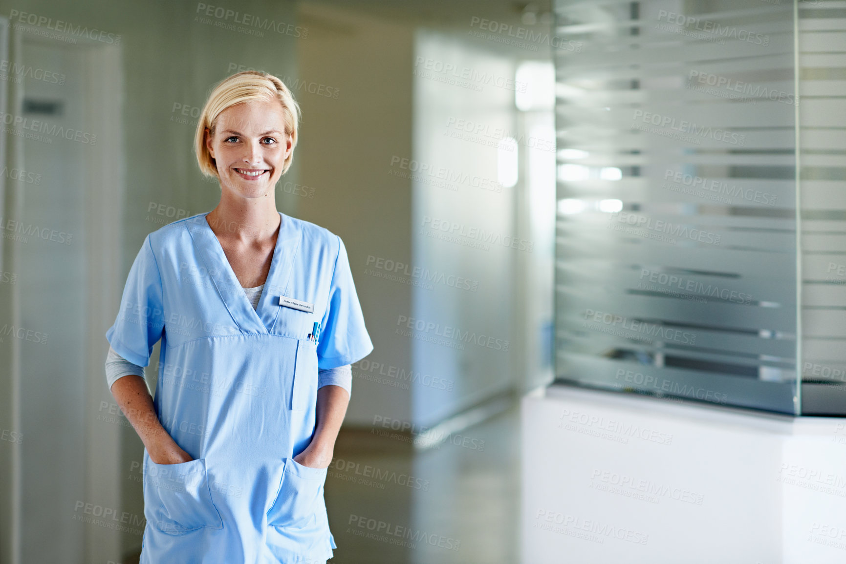 Buy stock photo Pride, nurse and portrait of woman in hospital for medical advice, physician consultant and about us. Happy, healthcare employee and smile with person in clinic for space, career and opportunity
