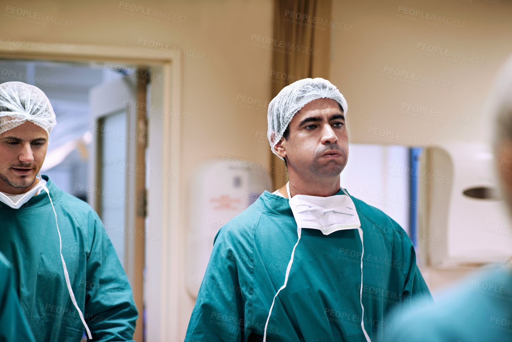 Buy stock photo Healthcare, stress and walking with surgeon in hospital together for operation or procedure. Collaboration, scrubs and surgery with group of doctors in medical clinic for help, support or theater