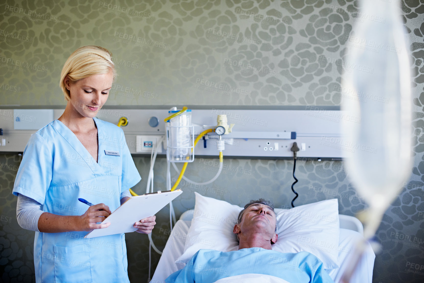 Buy stock photo Nurse, clipboard and writing with patient in hospital for checkup, surgery schedule and evaluation. Medical records, treatment plan and vitals checklist with woman in clinic for healthcare report