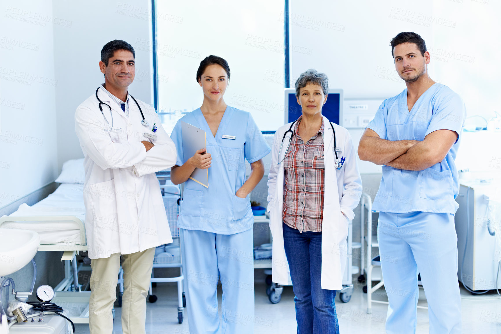 Buy stock photo Medical, portrait or team in hospital with pride, solidarity or confidence as general practitioners. People, doctor or clinic group with arms crossed, collaboration or about us in healthcare industry