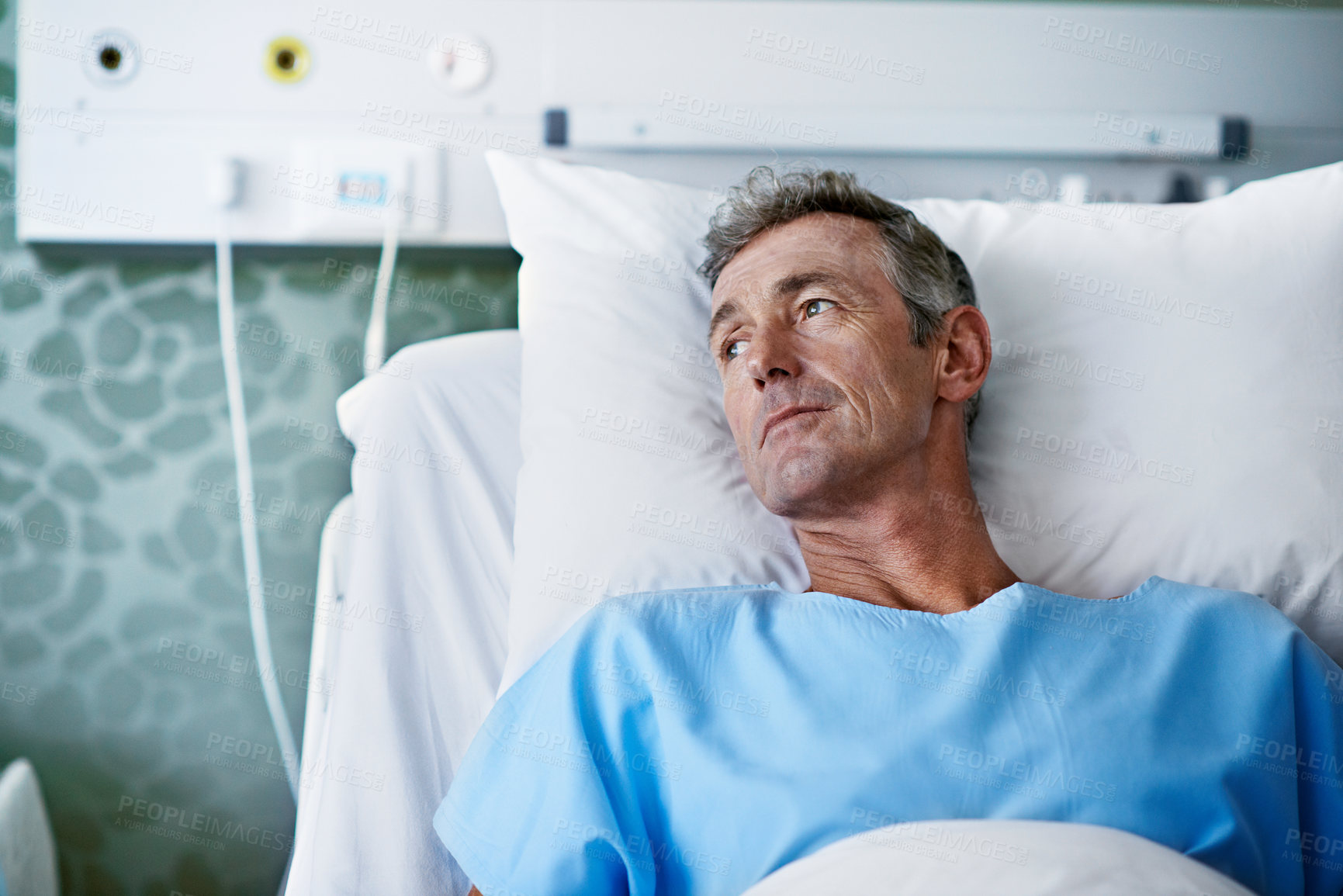 Buy stock photo Healthcare, recovery and thinking with man in hospital bed for hope, rehabilitation or vision. Ideas, rest and wellness with mature patient lying in medical clinic for daydreaming, future or optimism