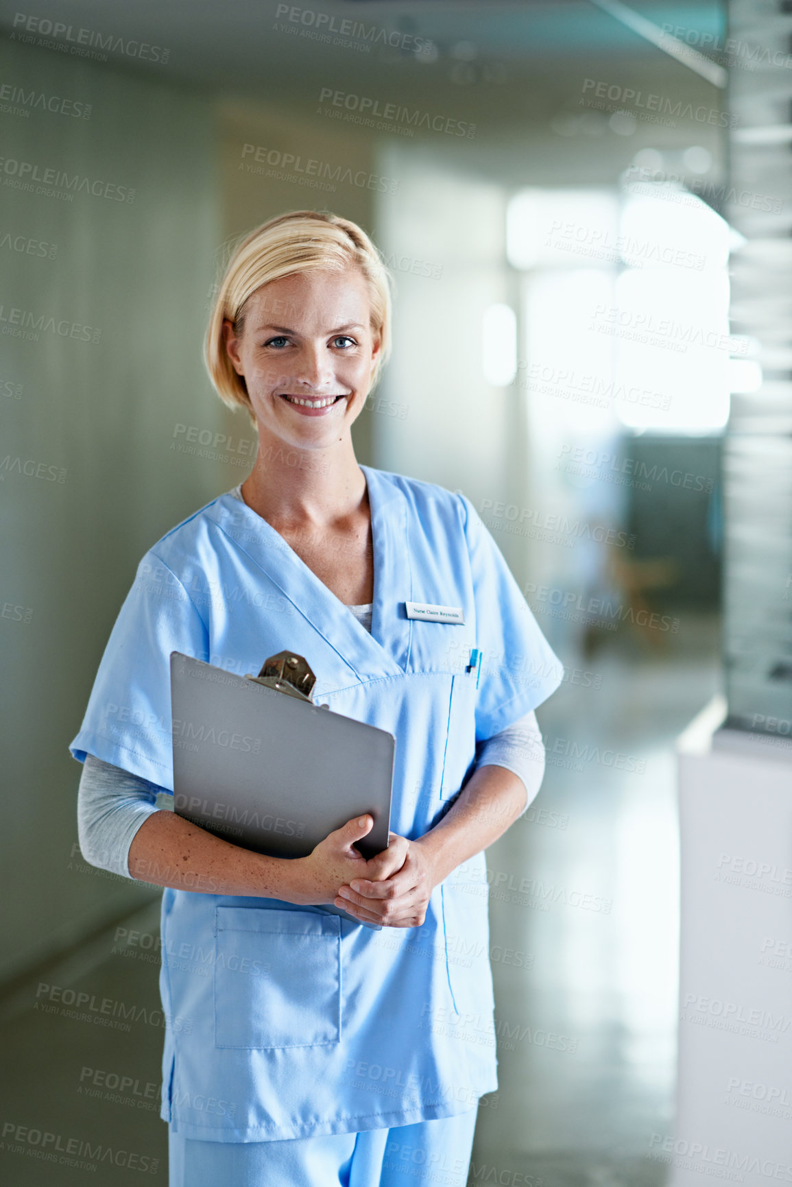 Buy stock photo Clipboard, pride and portrait of nurse in hospital for medical advice, physician consultant and about us. Smile, healthcare employee and happy with woman in clinic for report, career and opportunity