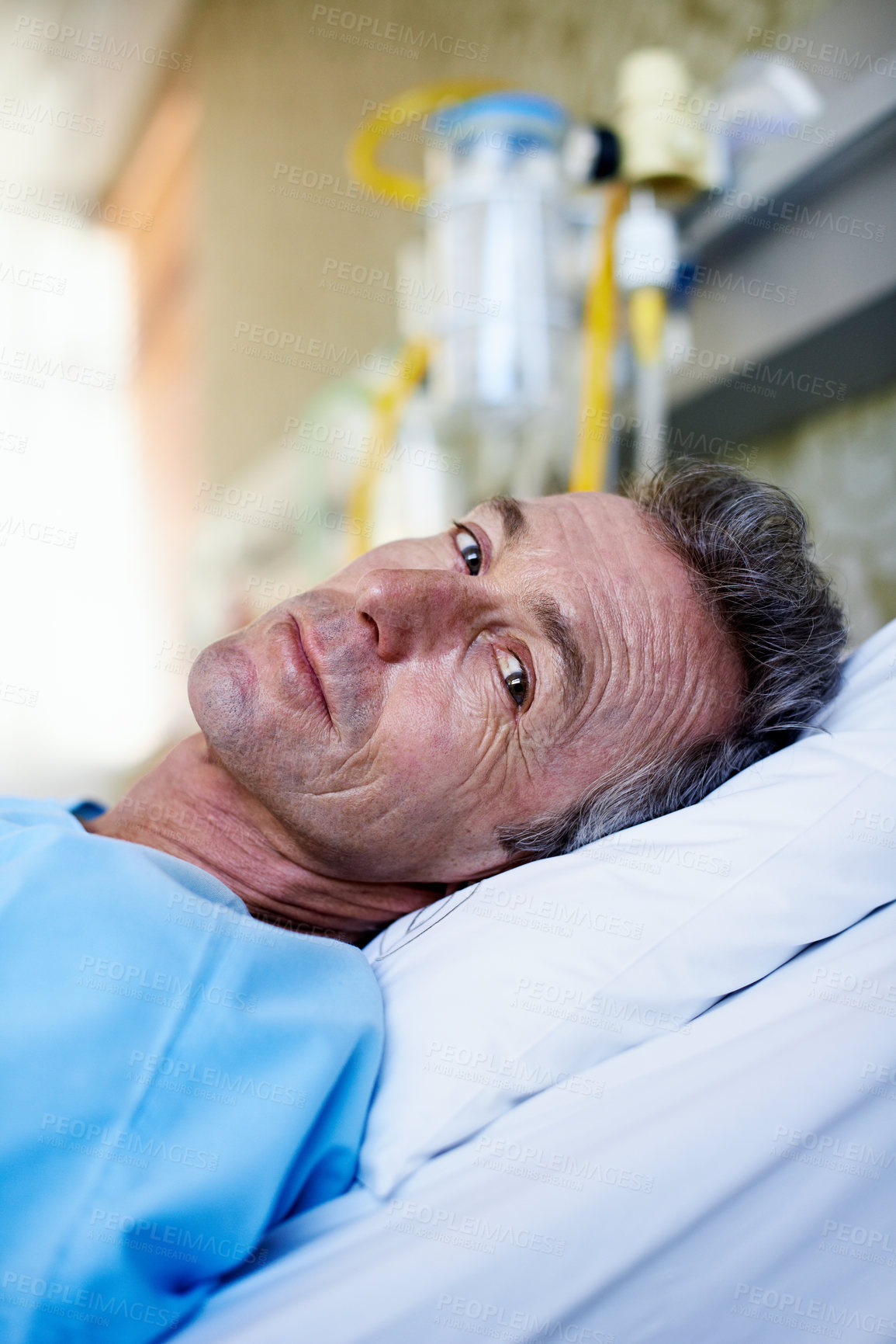 Buy stock photo Portrait, mature and man in hospital bed for medical treatment, operation or healthcare in ICU. Male person, patient or lying with drip or rest for health recovery, dialysis or emergency in clinic