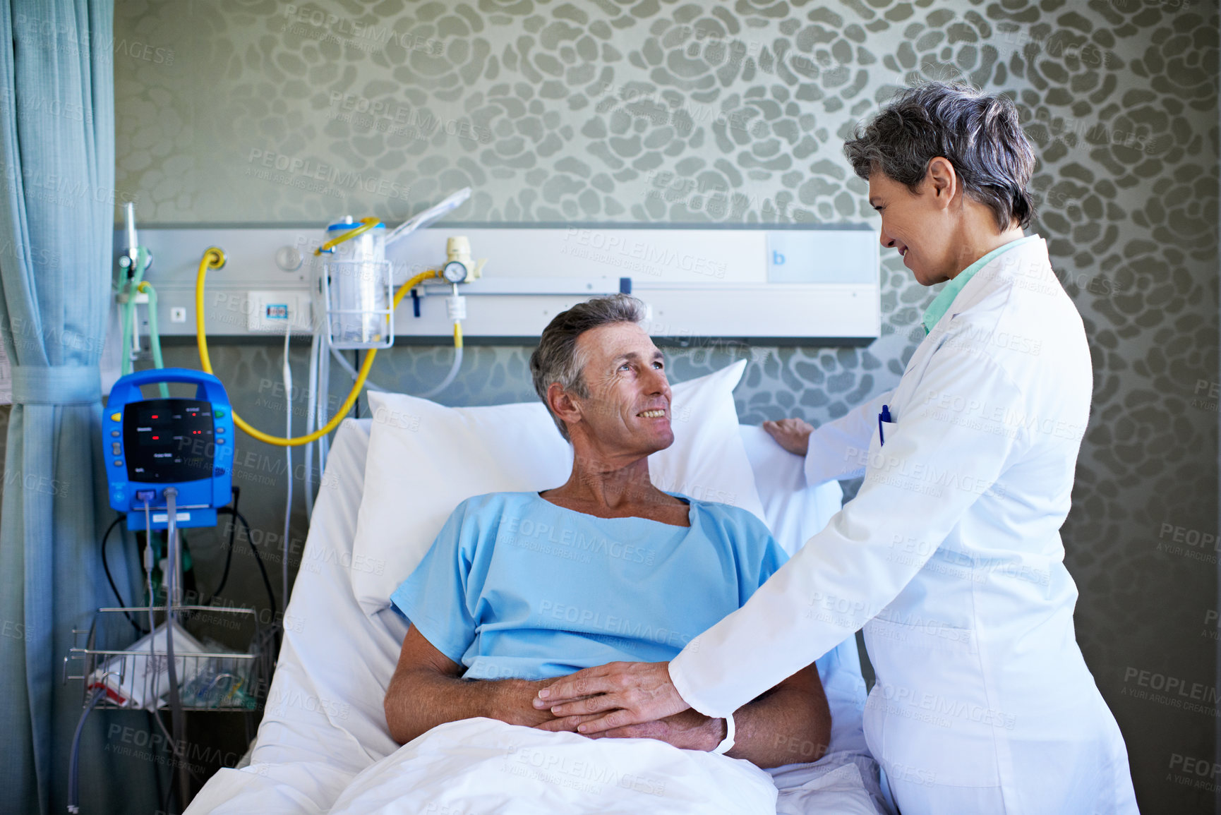 Buy stock photo Hospital bed, consulting and doctor with man for support, surgery results and conversation. Healthcare, happy and woman with mature patient talking for health review, wellness or medical service