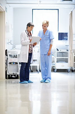 Buy stock photo Shot of two female doctors looking through a medical report together while standing in a ward