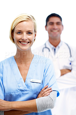 Buy stock photo Portrait of a nurse with a colleague in the background