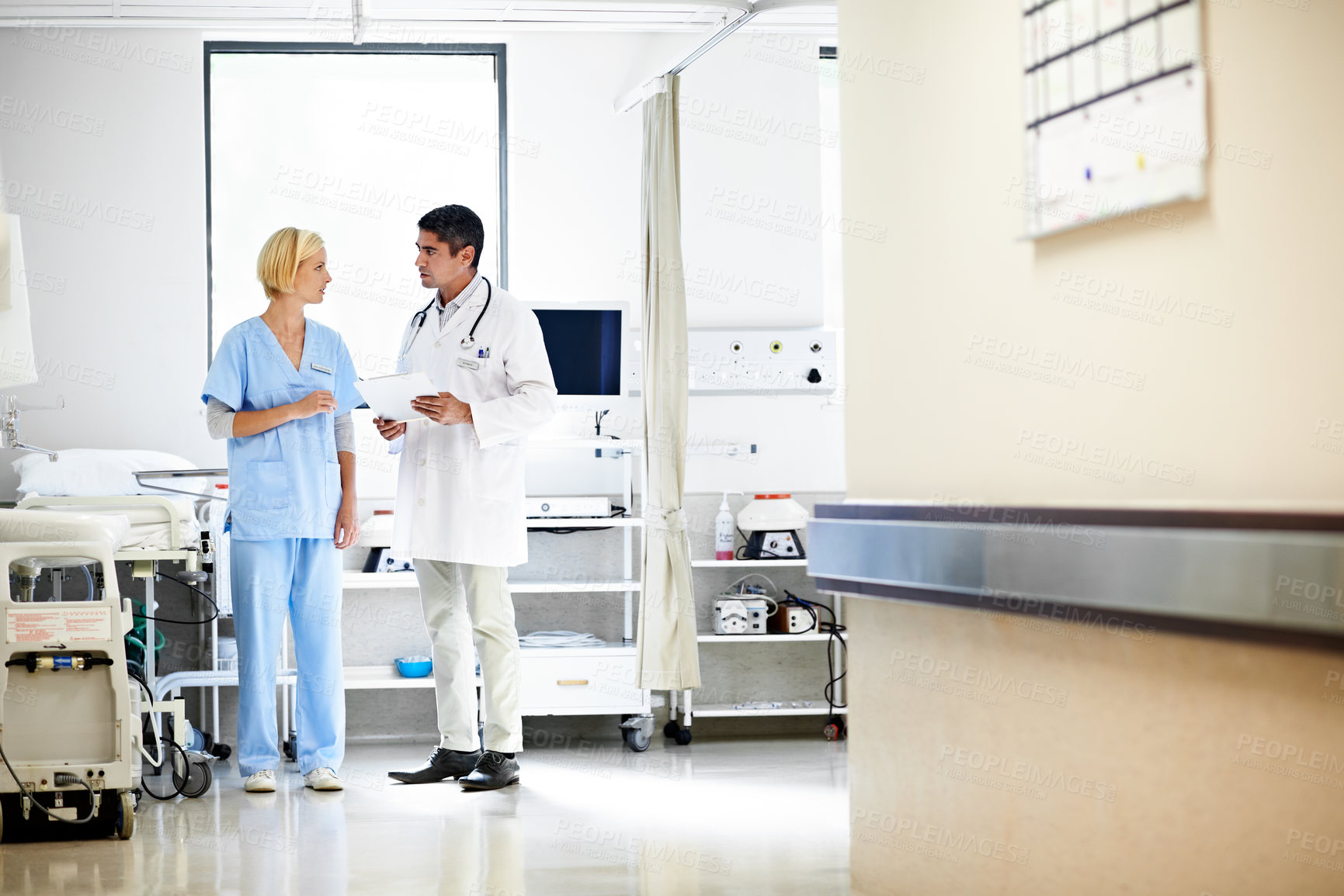 Buy stock photo Team, doctor and clipboard with people in hospital for patient chart, feedback and consulting. Medical advice, collaboration and healthcare report with man and woman for case study on treatment plan
