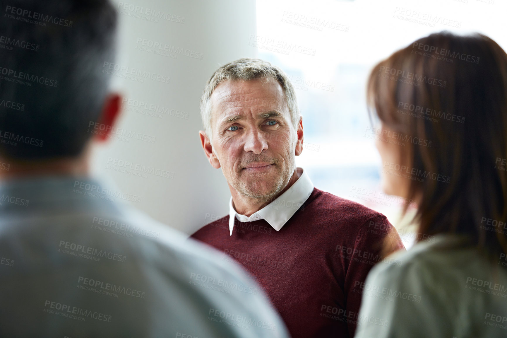 Buy stock photo Business, man and discussion with colleagues in office for case opinion, trial outcome or feedback. Team, mature lawyer and talk at law firm for legal theory, lawsuit advice and negotiation approach