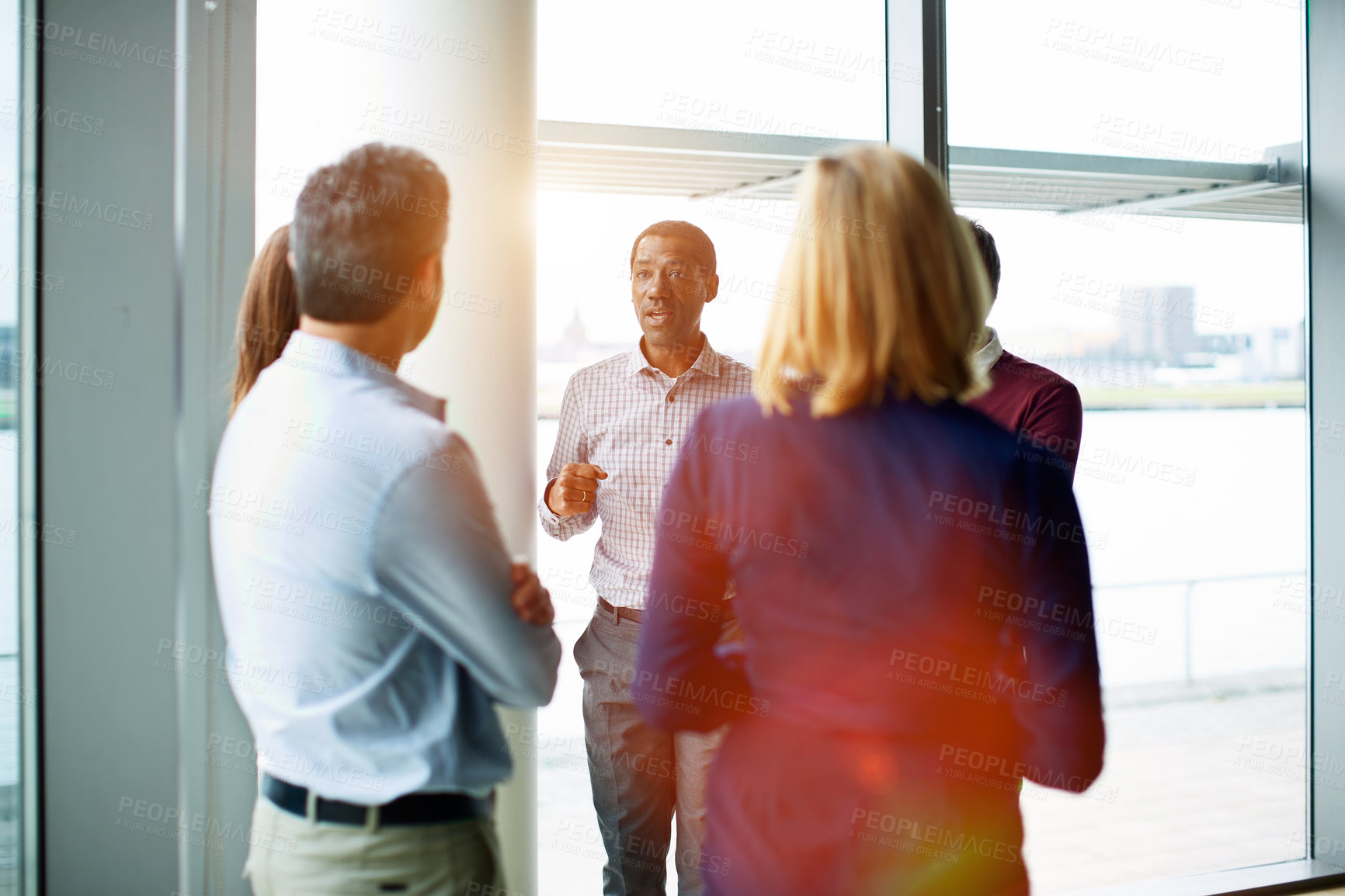 Buy stock photo Office, discussion and business people in lobby for real estate, property management and consulting. Corporate, team and workers in meeting for commercial development, expansion and auction listing