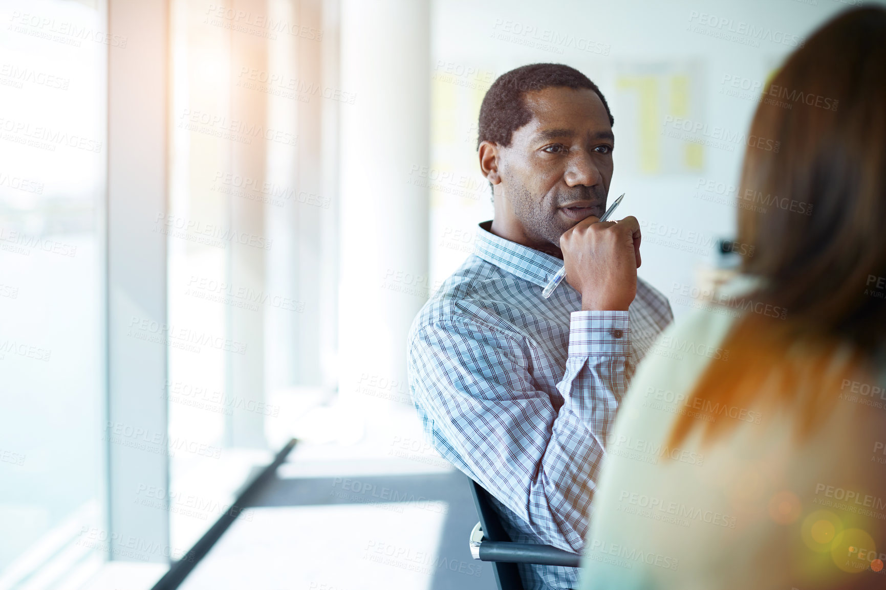 Buy stock photo Businessman, thinking and strategy with team in meeting, ideas or financial planning for investment. Wealth management, reflection and mature people with project, listen and collaboration in office