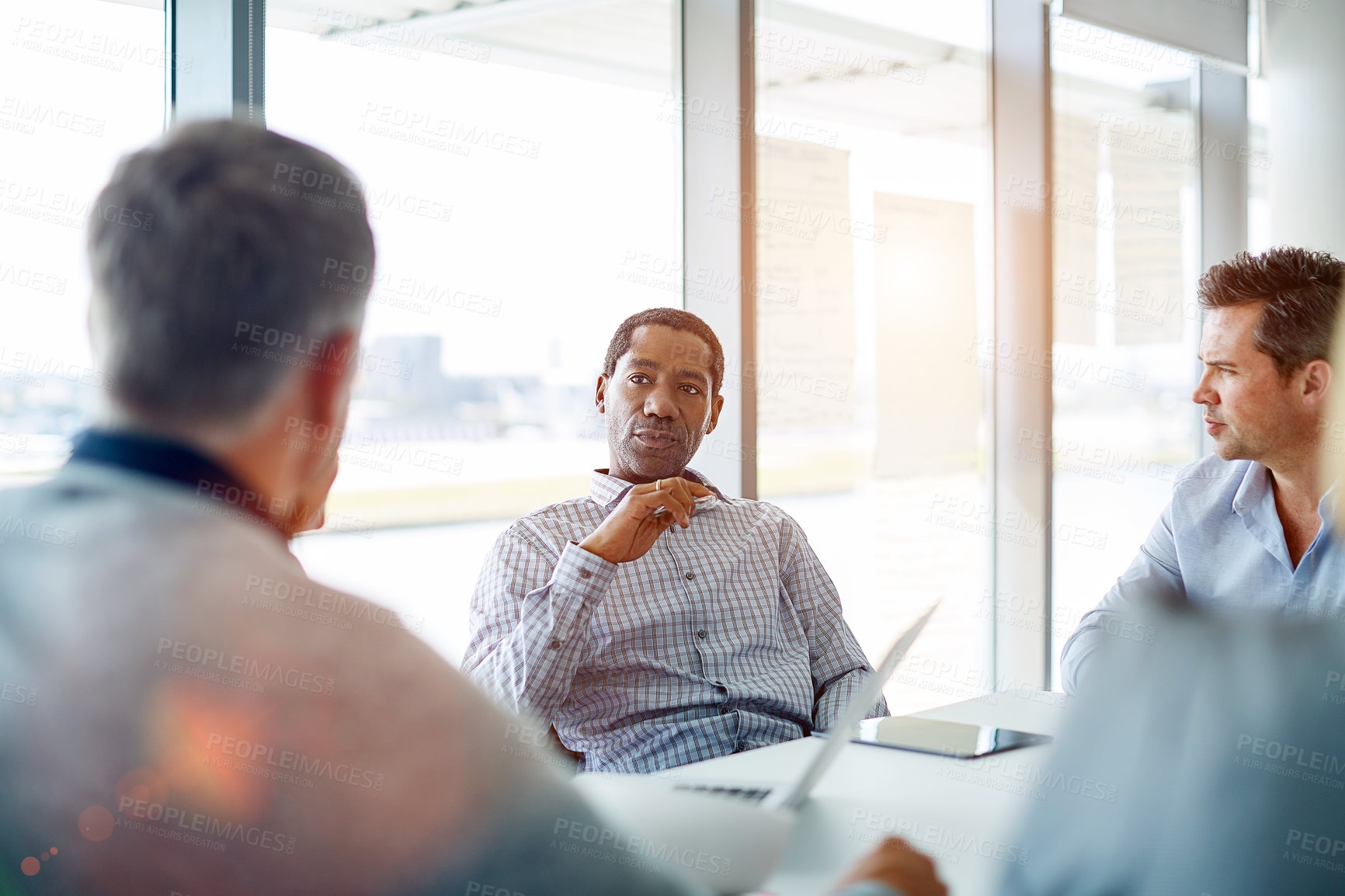 Buy stock photo Meeting, businessman and discussion with team in office for project planning, proposal or ideas. Man, group or conversation with employees for business brainstorming or chat together in workplace