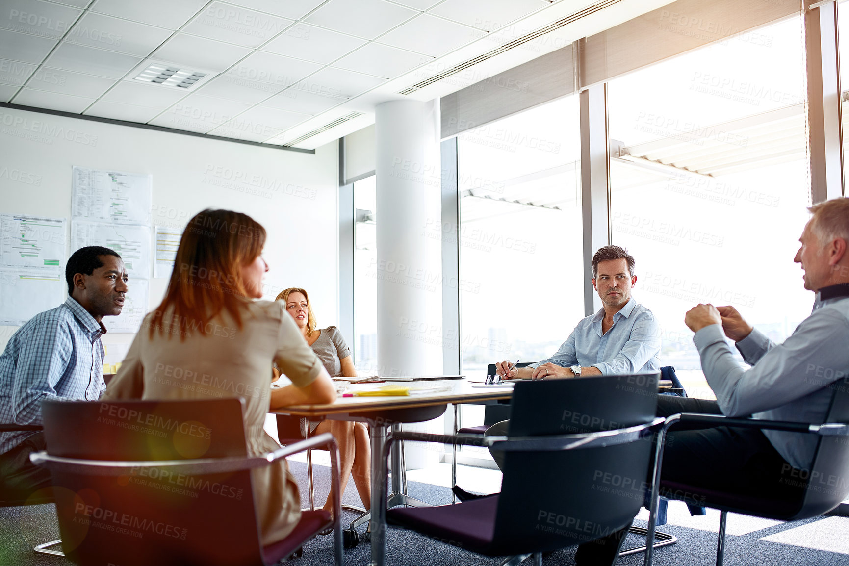 Buy stock photo Discussion, planning and business people in office in collaboration for finance report with budget. Meeting, professional and financial team with investment proposal for revenue growth in workplace.