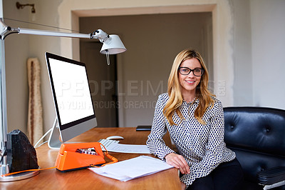 Buy stock photo Portrait of an attractive young woman working from her home office