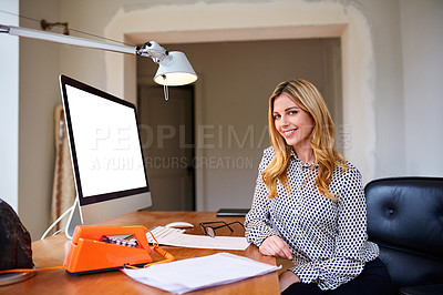 Buy stock photo Portrait of an attractive young woman working from her home office