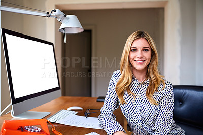 Buy stock photo Portrait of an attractive young woman working from her home office