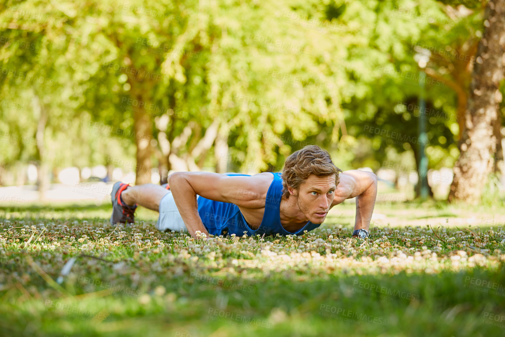 Buy stock photo Fitness, man and push ups at park to workout, calisthenics exercise and muscle development. Grass, person and training outdoor for wellness, core health and body strength with physical activity