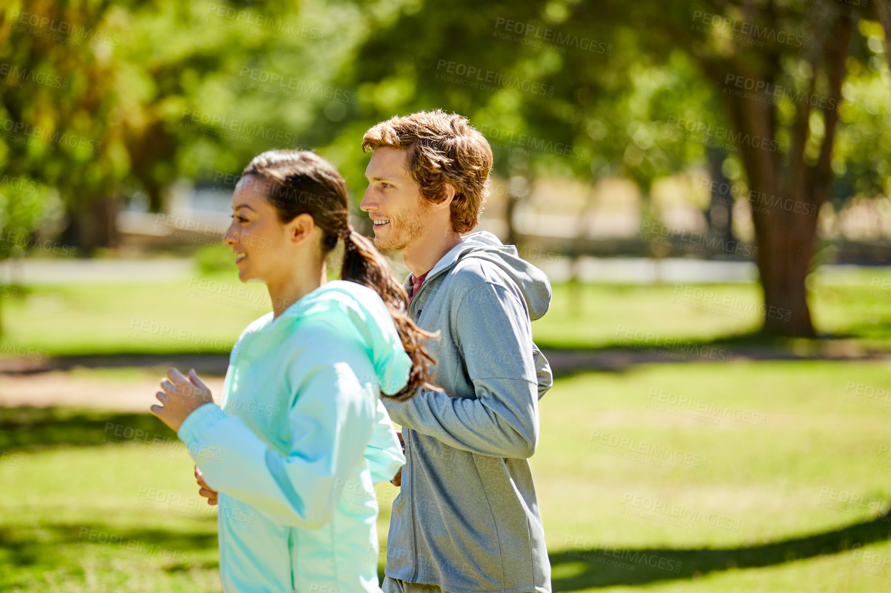 Buy stock photo Fitness, couple and happy at park for running, wellness challenge and pace training for marathon. Active relationship, people and morning jog outdoor for race practice, sport performance and cardio